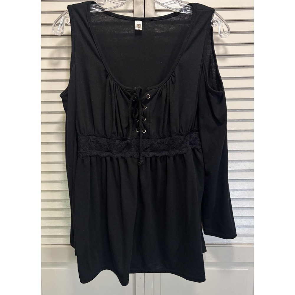 XJ Black Cold Shoulder Long Bell Sleeve Tie Up Front Size 2XL Lace Scoop Neck